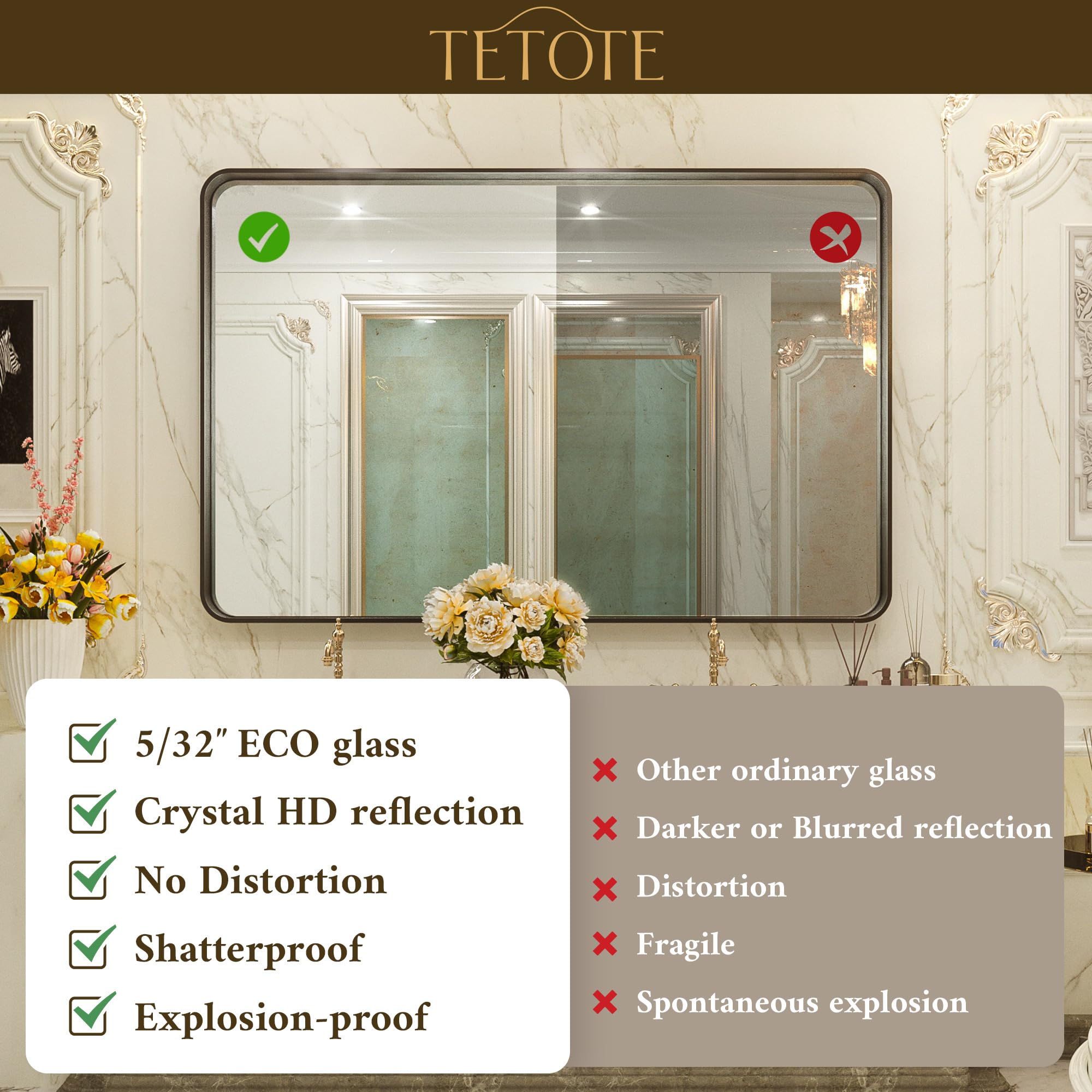 Tetote Brushed Gold Bathroom Mirror, 24 X 36 Inch Metal Framed Mirror, Brushed Brass Rectangle Wall Mounted Golden Vanity Mirror